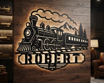 Custom LED Train Metal Sign | Personalized Boy Room Decor | Transport Theme Nursery