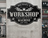 Personalized Garage Workshop Metal Sign, Custom Name Mechanic Decor, Father’s Day Gift for Dad