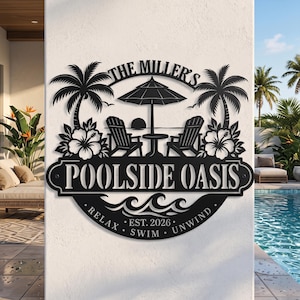May include: A black metal wall sign featuring a tropical scene with two palm trees, hibiscus flowers, two chairs, a table, and an umbrella. The text reads THE MILLER'S, POOLSIDE OASIS, and RELAX SWIM UNWIND with EST. 2026. The design includes wave motifs.