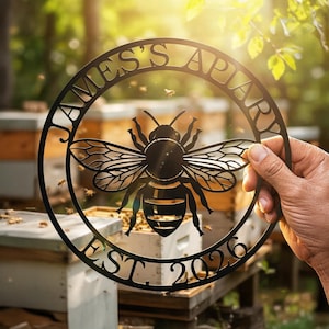 Custom Bee Apiary Metal Sign, Personalized Name Date Display, Rustic Beekeeper Wall Decor