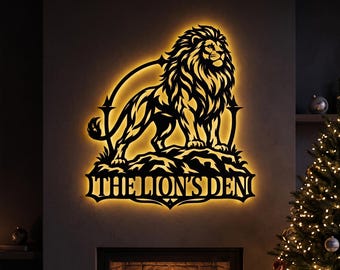Personalized Metal Lion LED Sign | Custom Lions Wall Art | Man Cave Porch Plaque Decor