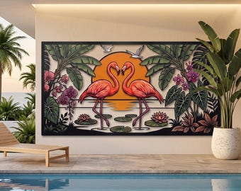 Tropical Flamingo Metal Wall Art | Pink Flamingo Sunset Coastal Decor | Palm Tree Poolside Outdoor Sign | Summer Beach House Plaque