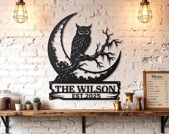 Personalized Owl Metal Sign | Custom Family Name Sign | Crescent Moon Wall Art