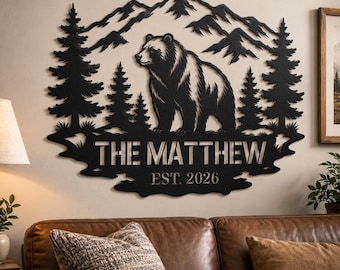 Custom Wildlife Cabin Sign, Personalized Bear Metal Wall Art, Lodge Exterior Decor