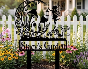 Personalized Fairy Garden Sign | Custom Metal Mushroom Yard Stake | Whimsical Moon Decor | Cottagecore Lawn Plaque | Gift for Gardener