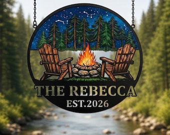 Personalized Campfire Metal Sign | Custom RV Campsite Decor | Adirondack Chair Fire Pit Sign | Starry Night Outdoor Family Name Art