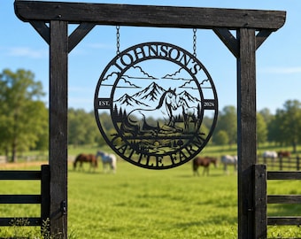 Personalized Horse Ranch Entrance Sign | Custom Farm Gate Metal Art | Driveway Decor | Mountain Cattle Farm Family Name Sign
