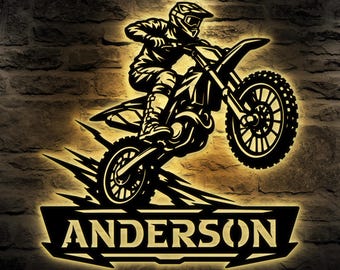 Personalized Dirt Bike Metal Sign with LED Light | Custom Motocross Garage Decor | Gift for Him