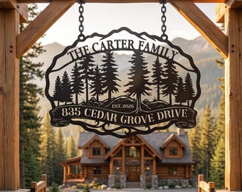 Personalized Metal Cabin Sign, Custom Family Name Wall Art, Pine Tree Forest Decor