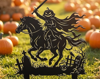 Headless Horseman Halloween Yard Stake | Pumpkin Knight Metal Lawn Sign