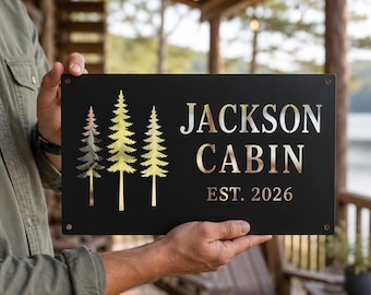 Personalized Metal Cabin Name Sign, Custom Pine Tree Family Name Decor, Mountain House Gift