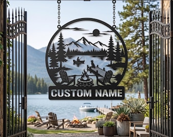 Personalized Lake House Metal Sign | Custom Mountain Cabin Gate Decor | Fishing Fire Pit Outdoor Wall Art | Family Name Driveway Plaque