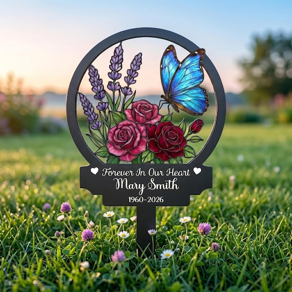 Butterfly Memorial Garden Stake, Custom Name Metal Grave Marker, Floral Sympathy Gift Outdoor Decor