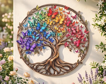 Butterfly Tree of Life Wall Art | Rainbow Metal Yard Plaque | Outdoor Patio Fence Hanging Decor | Nature Lover Housewarming Gift