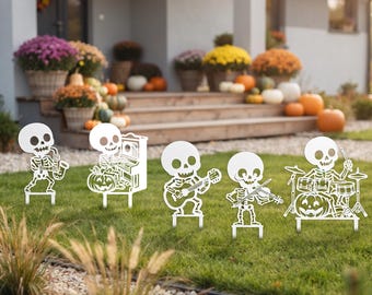 Halloween Skeleton Metal Yard Stakes | Spooky Musician Lawn Decor | Skeleton Band Yard Sign | Outdoor Halloween Party Decorations
