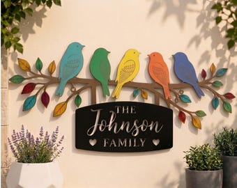 Personalized Birds on Branch Metal Sign | Custom Family Name Front Porch Decor | Colorful Bird Wall Art | Housewarming Gift for Family