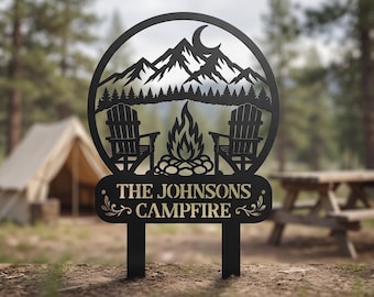 Custom Campfire Metal Yard Stake | Personalized Campsite Fire Pit Sign | Pine Tree Forest Decor