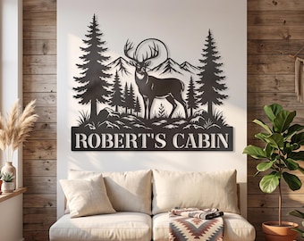 Custom Deer Cabin Metal Sign | Rustic Mountain Hunting Lodge Decor | Wildlife Name Wall Art