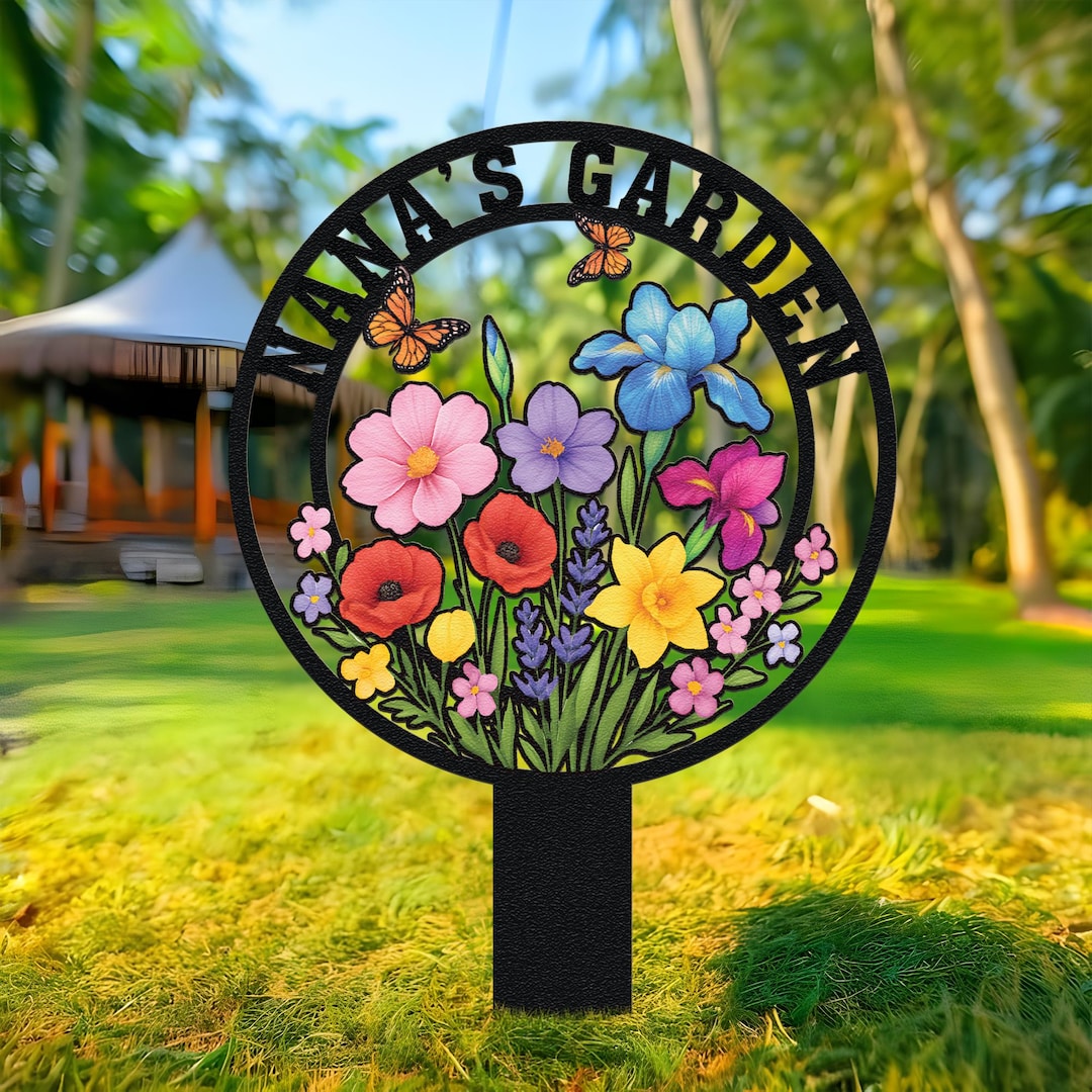 Custom Flower Garden Metal Sign With Stake and Personalized Name Design ...