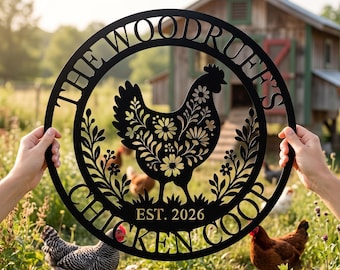 Personalized Chicken Coop Metal Wall Art, Custom Floral Hen Sign, Rustic Farm Decor