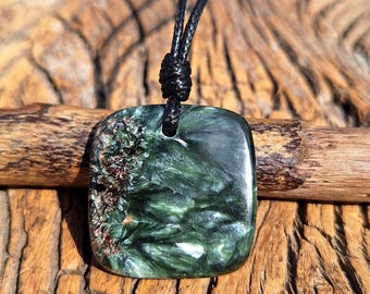 Collar de serafinita natural, collar con cordón de cuero, colgante de cristal de serafinita, colgante cabujón, longitud ajustable,