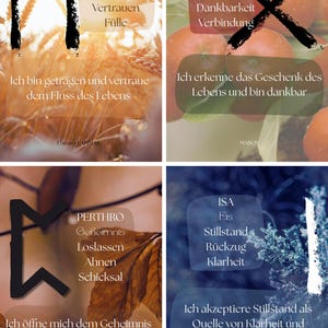 Könnte beinhalten: Vier Karten mit deutschem Text und Illustrationen. Die Karten zeigen Runen und Sätze wie "Gemeinschaft, Vertrauen, Fülle" und "Ich erkenne das Geschenk des Lebens und bin dankbar." Karten zur spirituellen Führung.