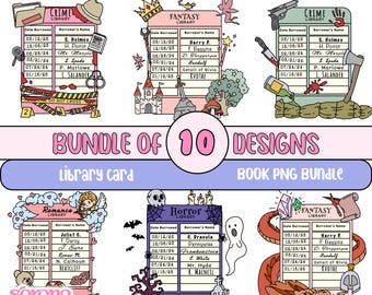 Library Cards Book PNG Bundle: True Crime, Romantasy, Fantasy, Horror Reading Stickers (Digital Download)