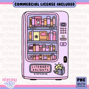 May include: A pink vending machine illustration filled with books of various sizes and colors. The machine has a control panel and a sign that reads "Literary Delights Dispenser." A cartoon bee reads a book. The text "Commercial License Included" is at the top.