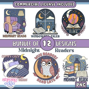 May include: A collection of 12 designs with a midnight reading theme. The illustrations feature a cosy armchair, a window with a candle, an owl on a crescent moon, and text that reads "Midnight Reads" and "Prime Reading Time".