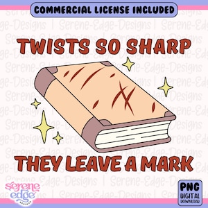 Könnte beinhalten: Digitale Illustration eines Buches mit dem Text "TWISTS SO SHARP THEY LEAVE A MARK." Das Buch ist beige mit braunen Akzenten und hat braune Linien und ein "X" auf dem Einband. Das Bild enthält glitzernde Sterne und die Worte "COMMERCIAL LICENSE INCLUDED."