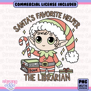 May include: A digital illustration of a cartoon elf holding a candy cane. The elf is wearing a red and green outfit and a hat that says "Santa's Favorite Helper". The text "The Librarian" is below the elf.