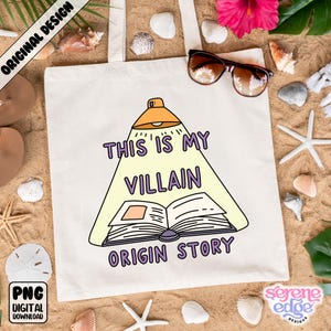 May include: A white tote bag with the text "THIS IS MY VILLAIN ORIGIN STORY" in purple and black. The design includes a cartoon lamp shining on an open book. The bag is surrounded by seashells, sunglasses, and a pink flower.