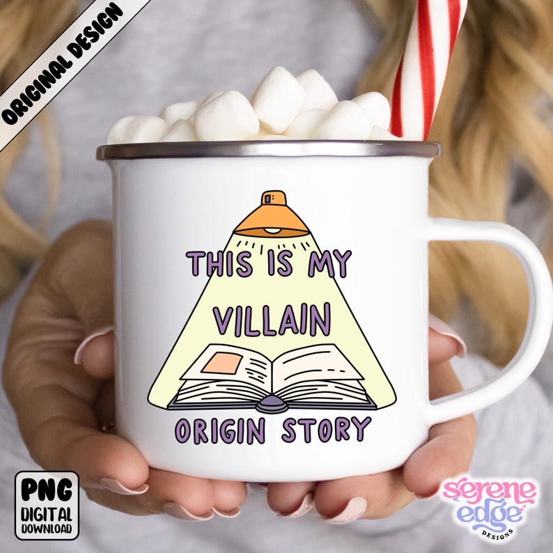 May include: White enamel mug with a black rim, featuring the text "THIS IS MY VILLAIN ORIGIN STORY" in purple, with an illustration of a book under a lamp. The mug is filled with marshmallows and a candy cane.