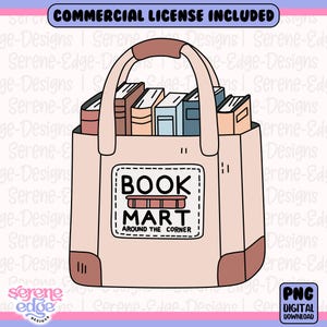 Op de afbeelding: Illustratie van een beige draagtas gevuld met boeken. De tas heeft een rechthoekige patch met de tekst "BOOK MART AROUND THE CORNER". De afbeelding bevat de tekst "COMMERCIAL LICENSE INCLUDED" en "PNG DIGITAL DOWNLOAD."