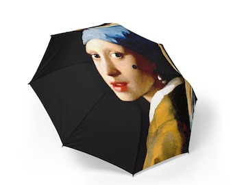 Ombrello con l'orecchino di perla della ragazza, ombrello da viaggio artistico, ombrello pieghevole impermeabile, regalo ispirato ai musei per lei