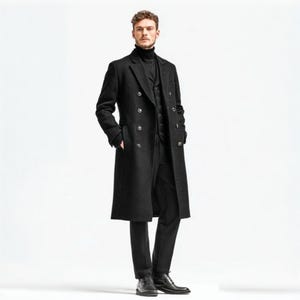Men’s Wool Long Trench Coat – Full-Length Winter Overcoat – Classic Formal Coat in Black – Vintage, Business, Urban, Smart Outerwear