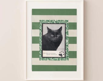 Vintage kat ansichtkaart zwarte collageprint – groene strepen en bloemen – muurkunst A4/A3
