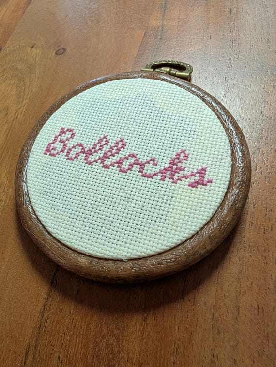 Actual hand-stitched embroidery hoop art with profanity — someone sat down and made this, and it shows.