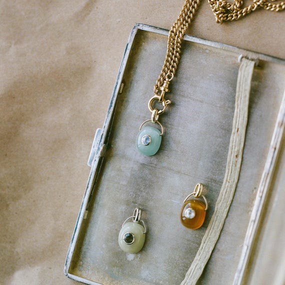Dainty Natural Stone Charm Necklace | Gold Plated Pendant with Zircon Inlay