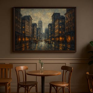 Stampa artistica di pittura a olio di strada di una città piovosa: arredamento urbano malinconico (download digitale)