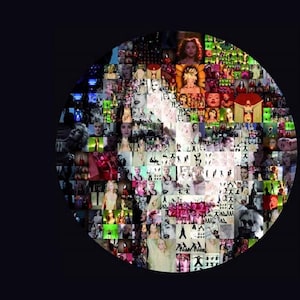 May include: A circular collage composed of numerous small images, predominantly featuring portraits of women. The images are arranged in a mosaic pattern, with a dark background. The color palette includes a variety of tones, from vibrant reds and greens to softer pastels and monochrome.