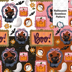 Halloween-katter presentpapper och sömlöst mönster | Pumpa och spöke digitalt papper | Spöklik höstupprepning PNG | Kommersiellt bruk | Direkt nedladdning