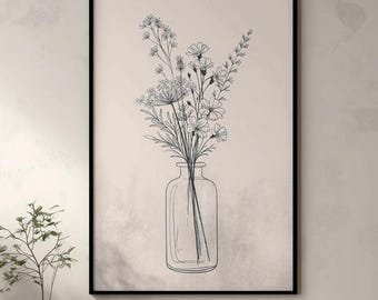 Minimal Botanical Line Art Wall Print – Elegant Floral Sketch Decor – Modern Scandinavian Nature Inspired