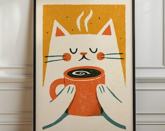 Cat Coffee Wall Art | Retro Vintage Print | Cat Lover Kitchen Decor Poster