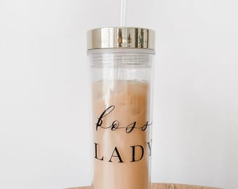 Vaso transparente - Boss Lady / Vaso de viaje con pajita, hidratación diaria, regalo para ella