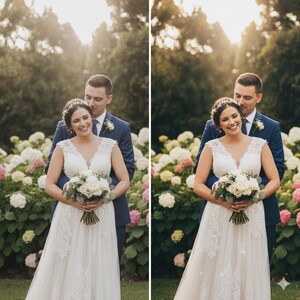 May include: A bride and groom pose for a wedding photo outdoors. The bride wears a white lace wedding dress and holds a bouquet of white flowers. The groom wears a blue suit. They stand in front of a backdrop of colorful flowers.