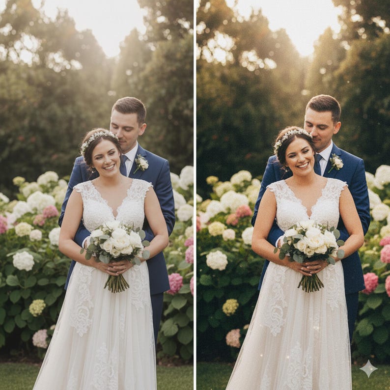 May include: A bride and groom pose for a wedding photo outdoors. The bride wears a white lace wedding dress and holds a bouquet of white flowers. The groom wears a blue suit. They stand in front of a backdrop of colorful flowers.