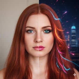 May include: A split portrait of a woman with red hair and two different eye colors. The left side features a natural look with blue eyes, while the right side has green eyes and a cityscape background with neon streaks.