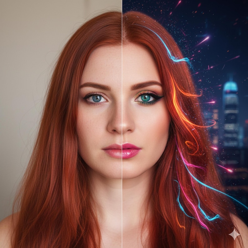 May include: A split portrait of a woman with red hair and two different eye colors. The left side features a natural look with blue eyes, while the right side has green eyes and a cityscape background with neon streaks.