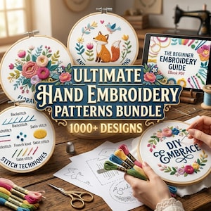 Può includere: Un set completo di schemi per ricamo a mano che include diversi telai circolari in legno con motivi floreali, animali e tecniche di punto, un tablet con una guida digitale, filati colorati per ricamo e modelli stampati su carta.